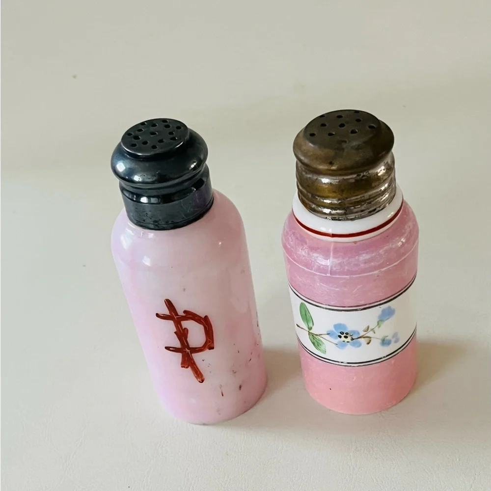 Vintage Hand Patient Milk Glass Pink Floral Glass Salt and Pepper Shakers Set